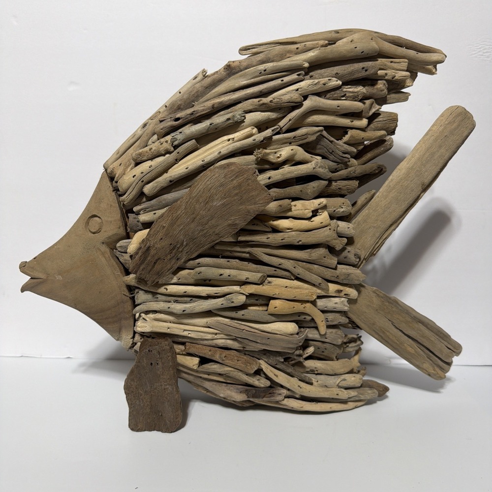 Driftwood Sculpture Angel Fish Wall Art Coastal Nautical Beach Large 14" x 16"